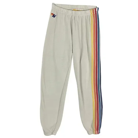 AVIATOR NATION Sweatpants S Cream Rainbow-Stripes Logo-Embroidery Jogger USA - Picture 2 of 14